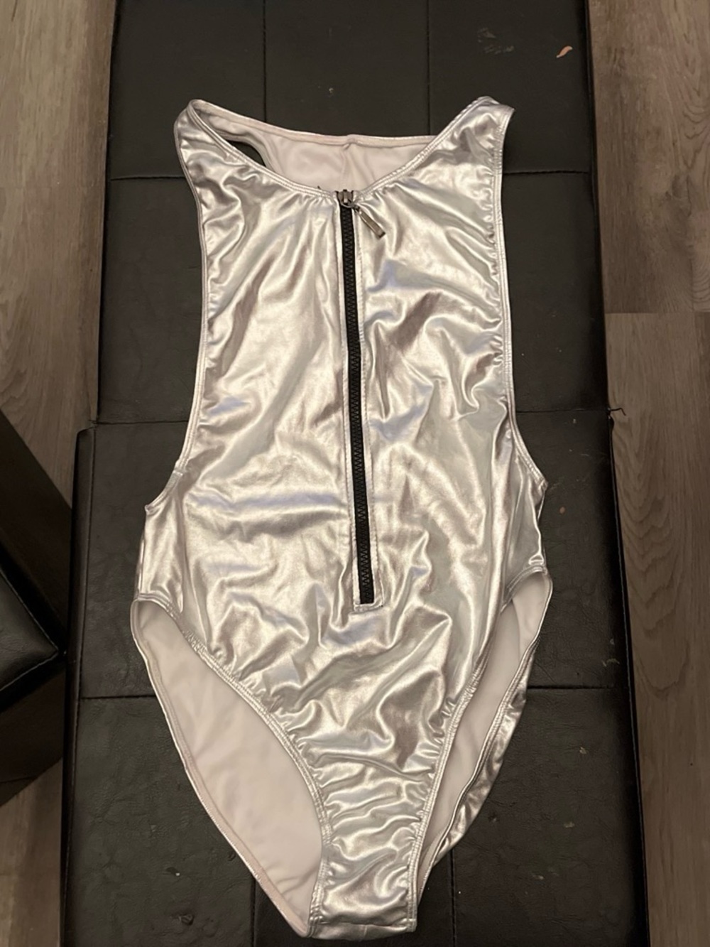 Womens' Silver Zip-Front One-Piece Swimsuit